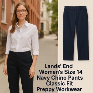 Lands'‎ End Women's Size 14 Navy Chino Pants Classic Fit Preppy Workwear Office